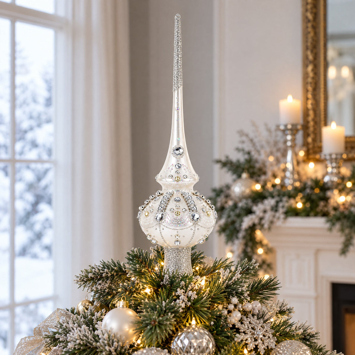 White Jewels on Silver Glass Christmas Tree Topper 11 Inches