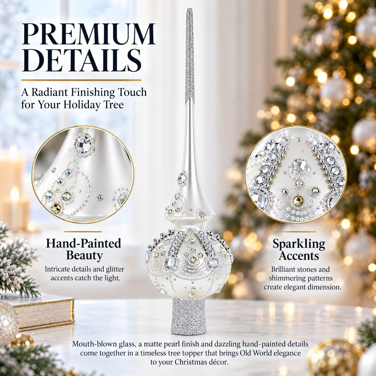 White Jewels on Silver Glass Christmas Tree Topper 11 Inches
