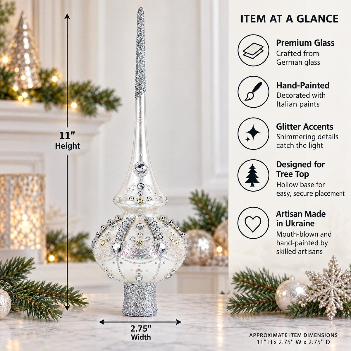 White Jewels on Silver Glass Christmas Tree Topper 11 Inches