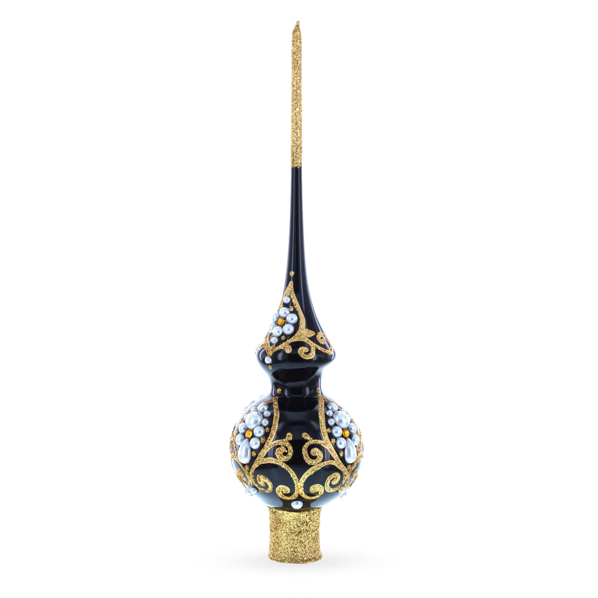 Elegant Black and Gold Filigree Design Glass Christmas Tree Topper 11 Inches