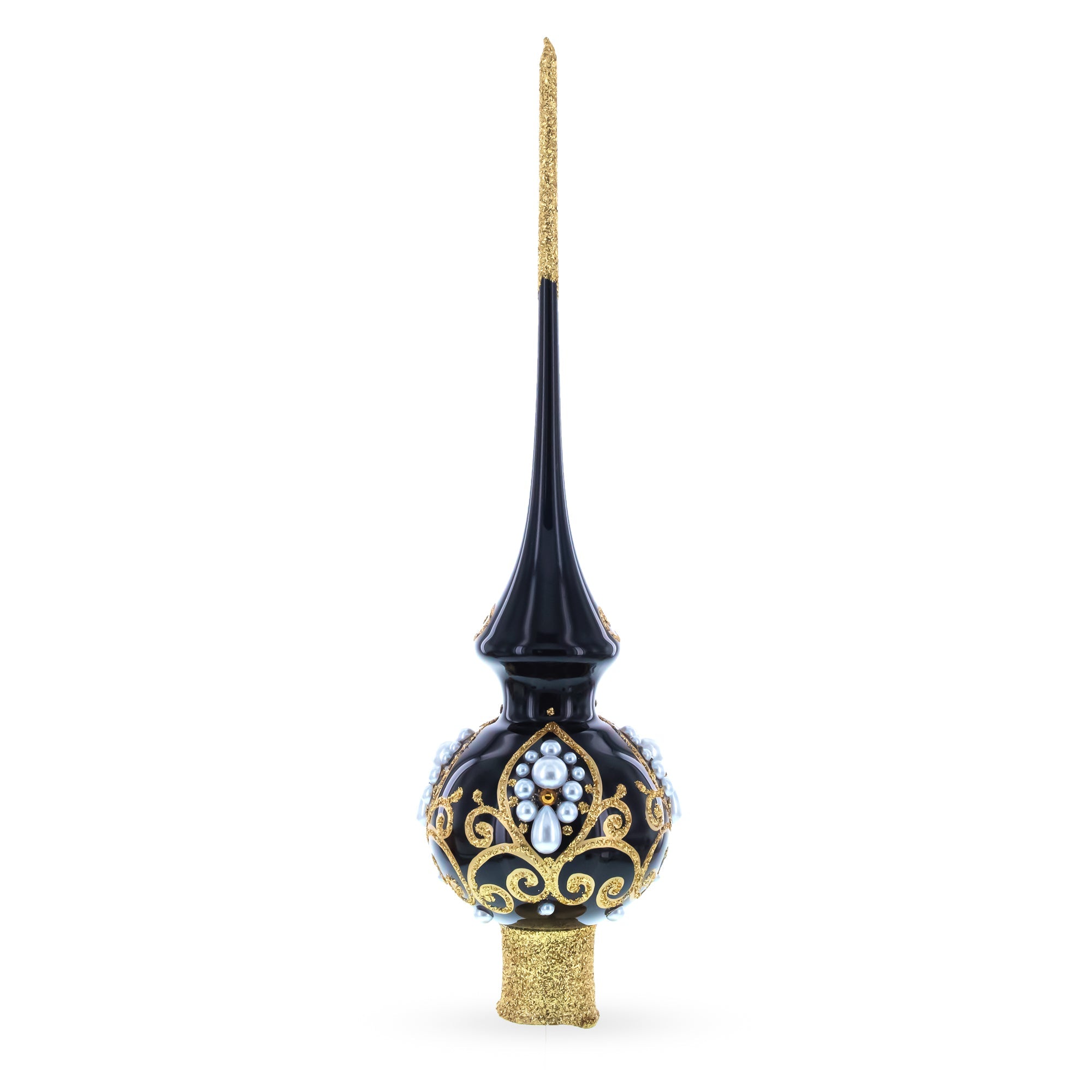 Elegant Black and Gold Filigree Design Glass Christmas Tree Topper 11 Inches