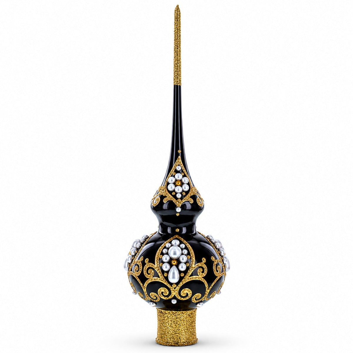 Elegant Black and Gold Filigree Design Glass Christmas Tree Topper 11 Inches