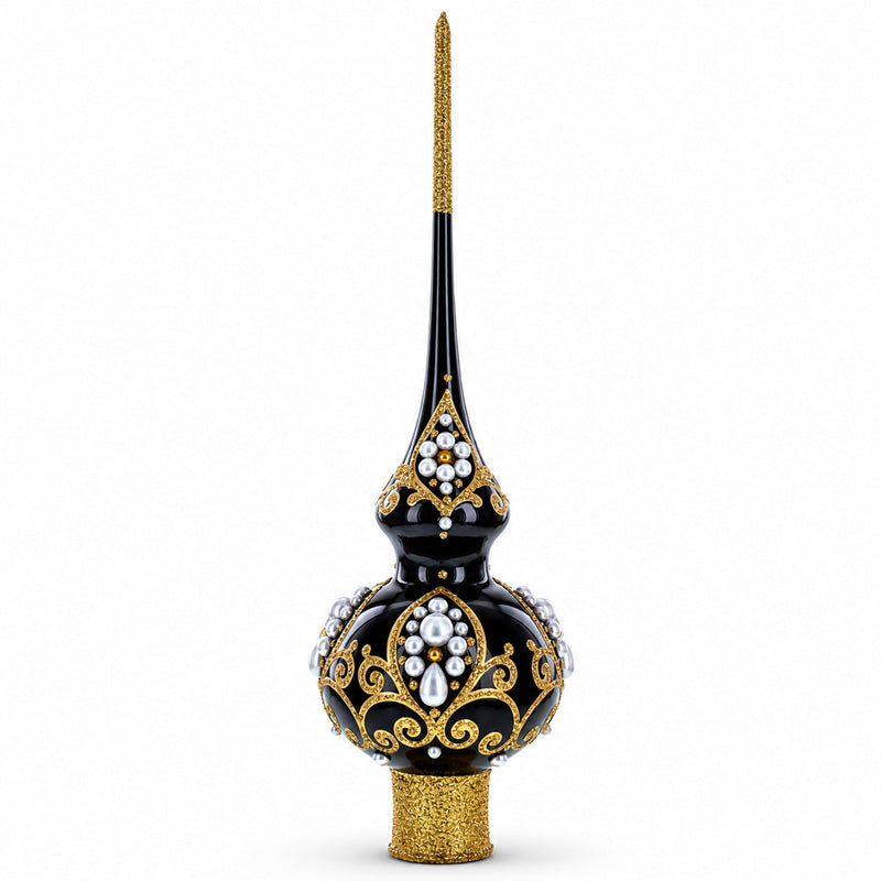 Elegant Black and Gold Filigree Design Glass Christmas Tree Topper 11 Inches
