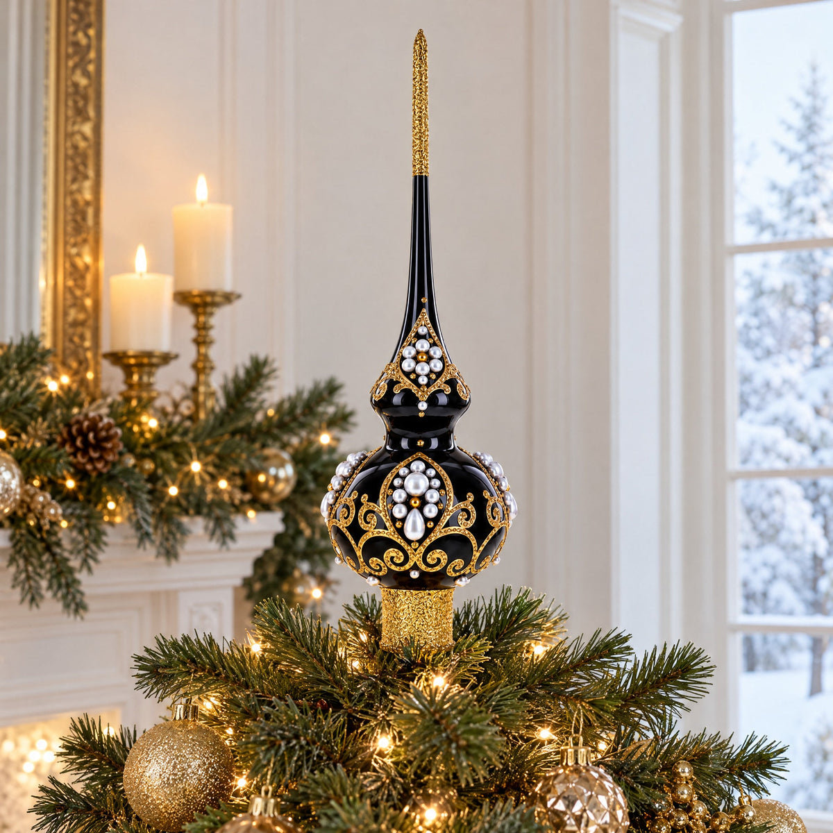 Elegant Black and Gold Filigree Design Glass Christmas Tree Topper 11 Inches