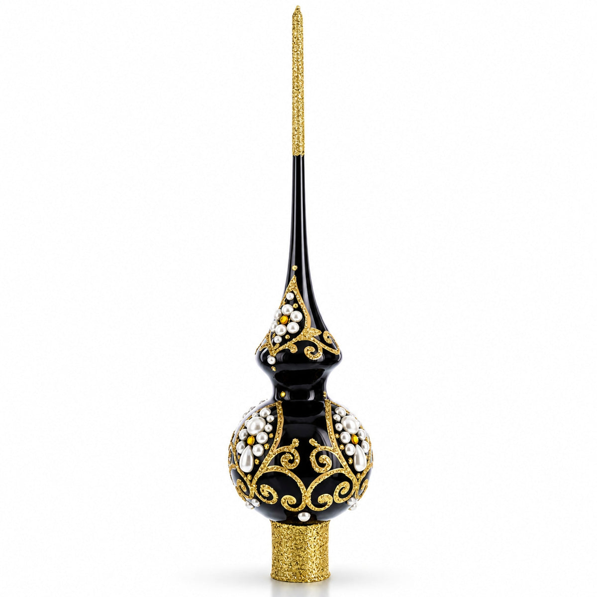 Elegant Black and Gold Filigree Design Glass Christmas Tree Topper 11 Inches