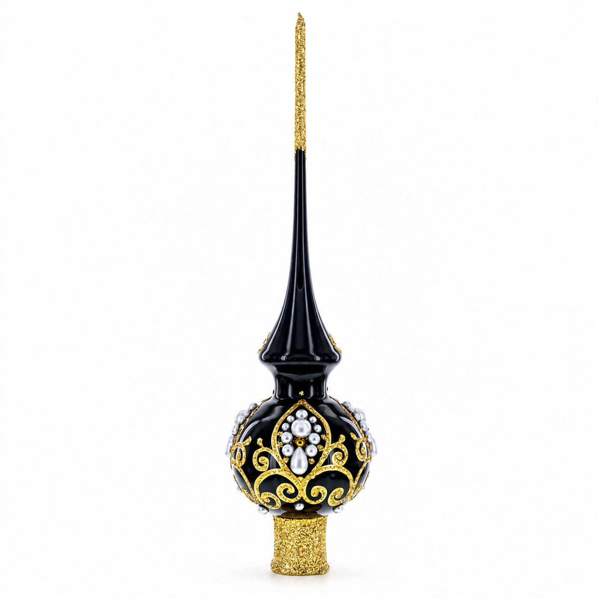 Elegant Black and Gold Filigree Design Glass Christmas Tree Topper 11 Inches