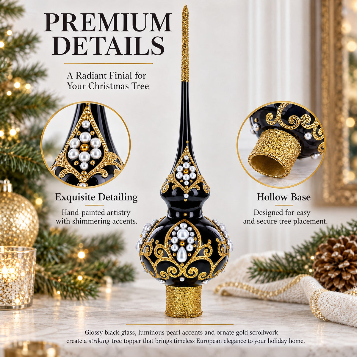 Elegant Black and Gold Filigree Design Glass Christmas Tree Topper 11 Inches