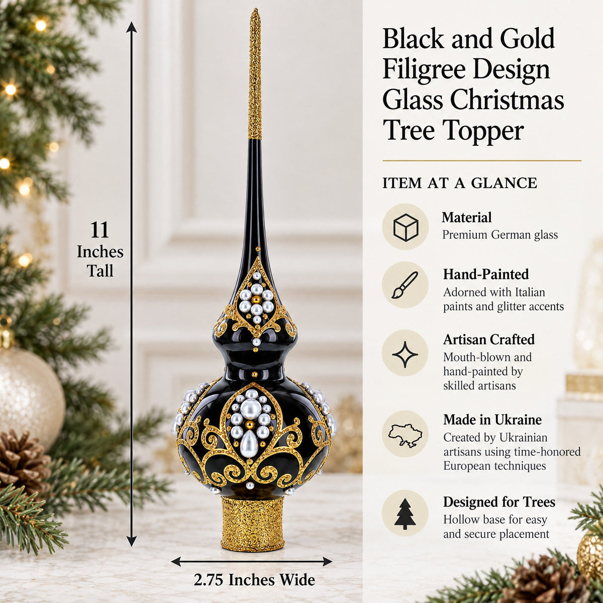 Elegant Black and Gold Filigree Design Glass Christmas Tree Topper 11 Inches