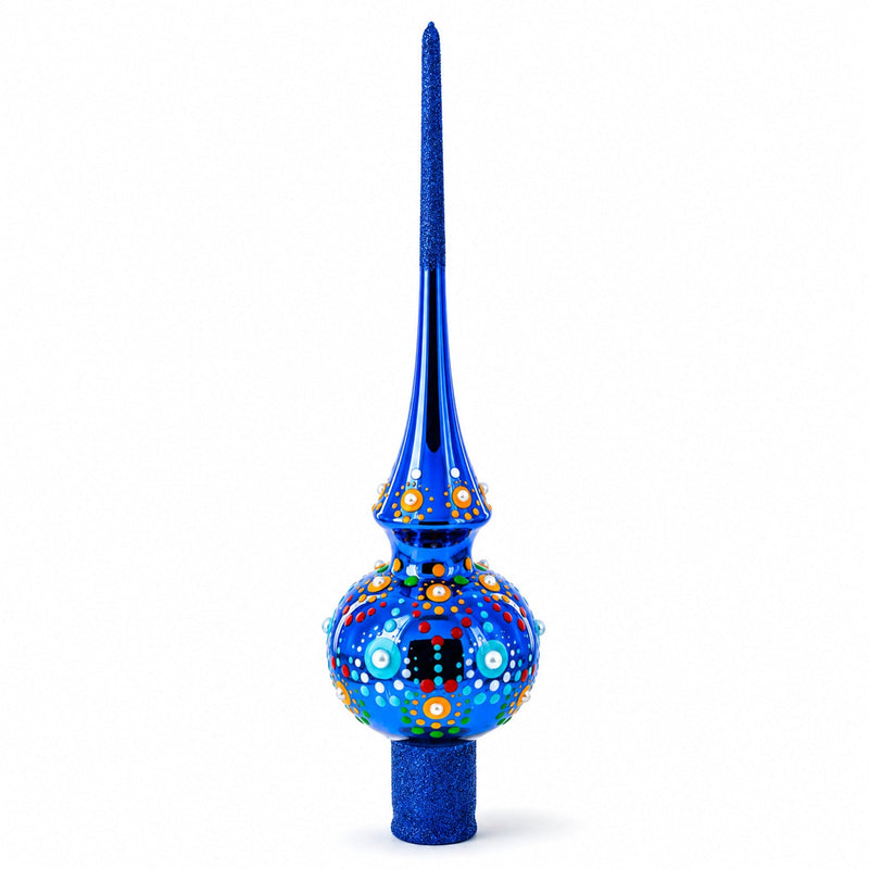 Vibrant Sapphire Blue with Festive Accents Glass Christmas Tree Topper