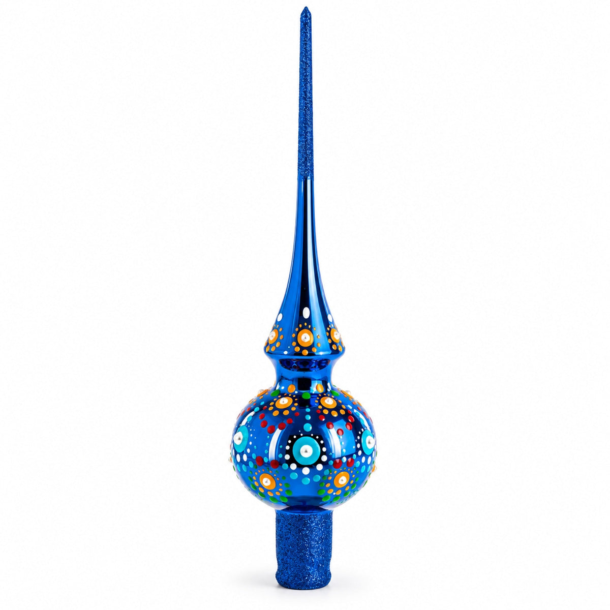 Vibrant Sapphire Blue with Festive Accents Glass Christmas Tree Topper