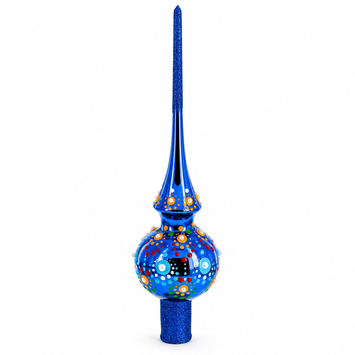 Vibrant Sapphire Blue with Festive Accents Glass Christmas Tree Topper