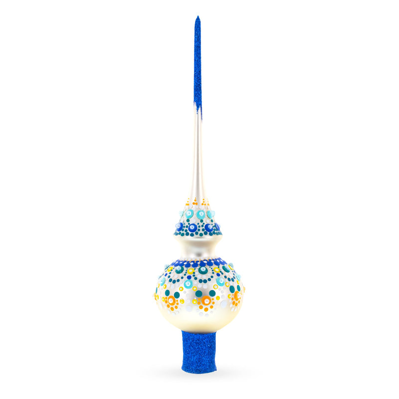 Chic Iridescent Pearl with Blue Embellishments Glass Christmas Tree Topper 11 Inches