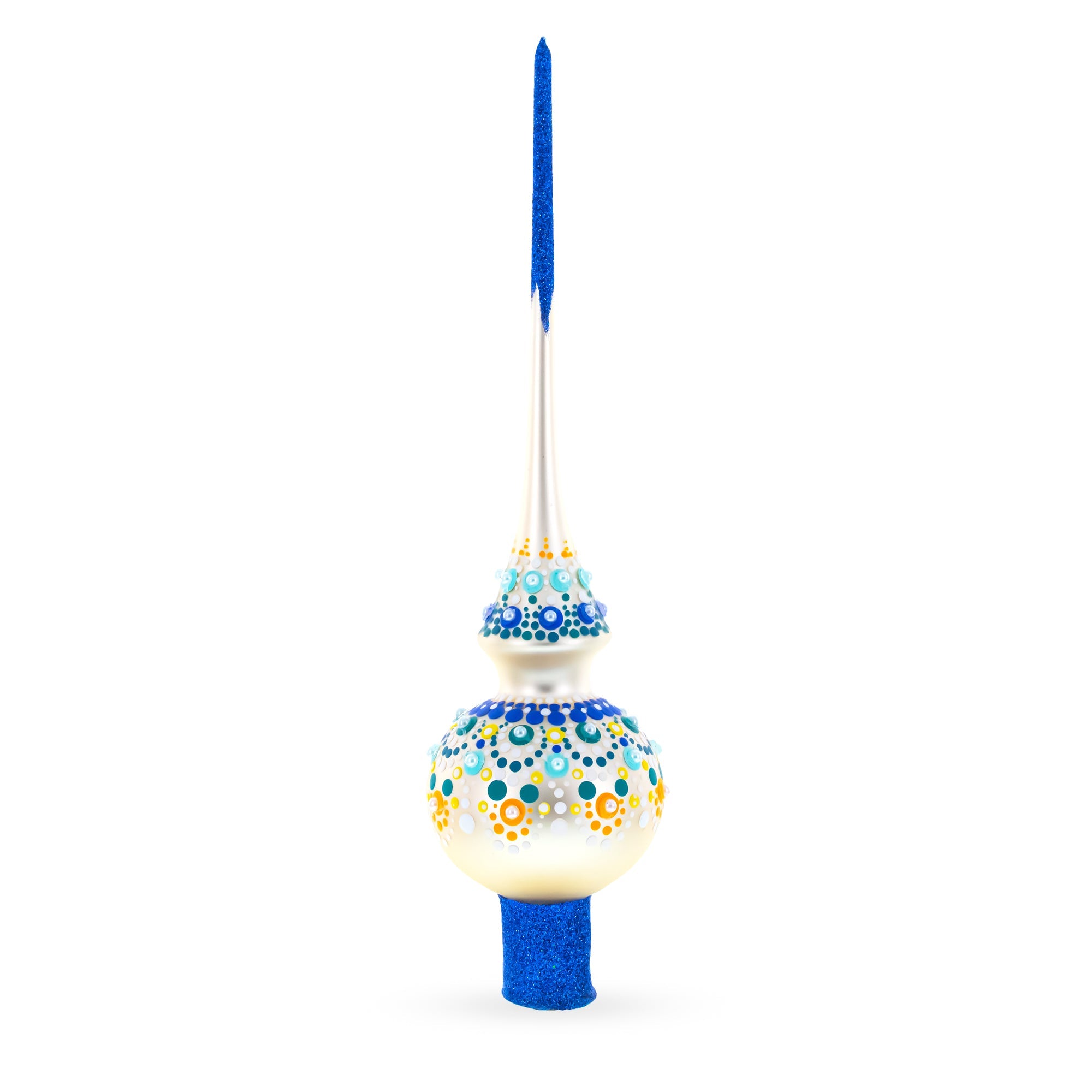Chic Iridescent Pearl with Blue Embellishments Glass Christmas Tree Topper 11 Inches
