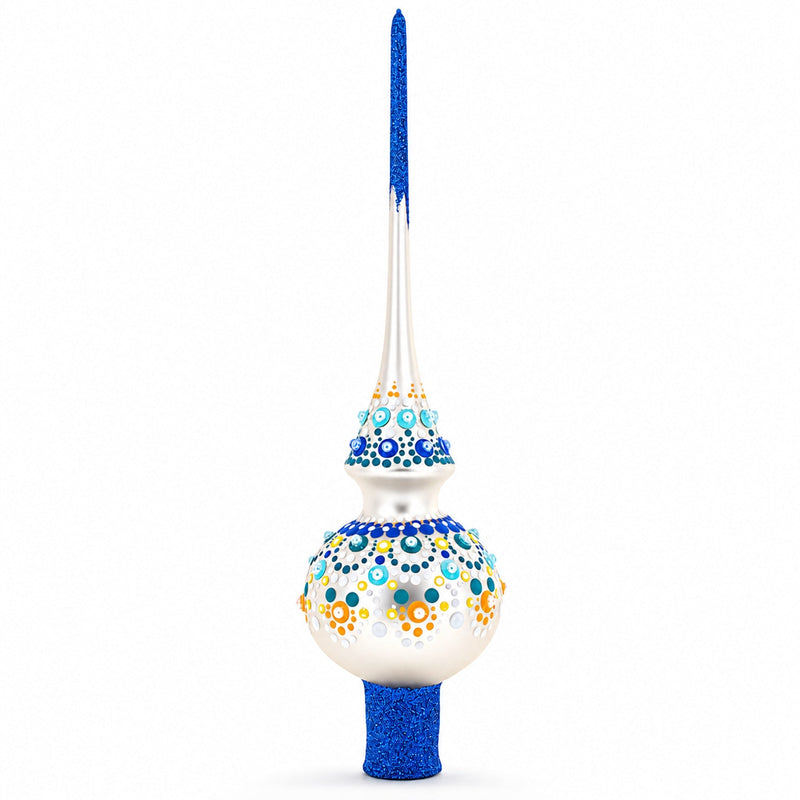 Chic Iridescent Pearl with Blue Embellishments Glass Christmas Tree Topper 11 Inches