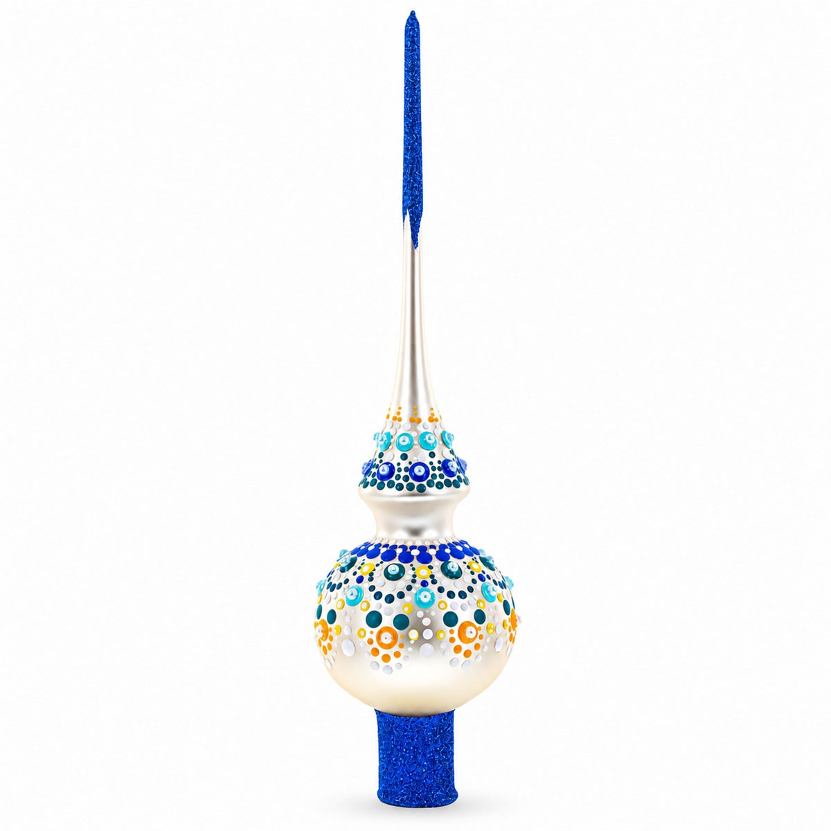 Chic Iridescent Pearl with Blue Embellishments Glass Christmas Tree Topper 11 Inches