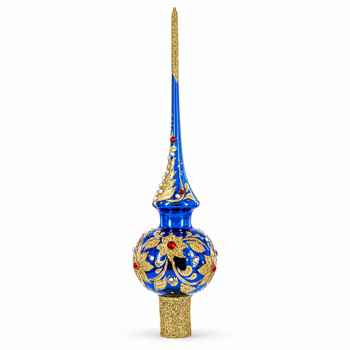 Royal Blue and Gold Floral Majesty Glass Christmas Tree Topper 11 Inches