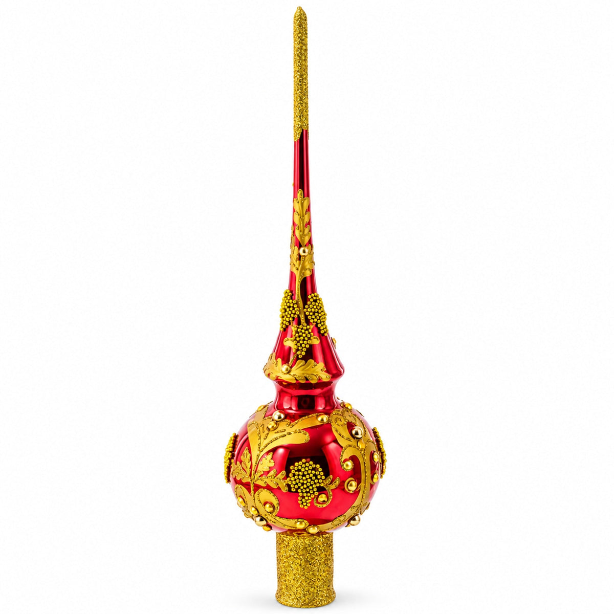 Luxurious Crimson Red with Golden Glitter Glass Christmas Tree Topper