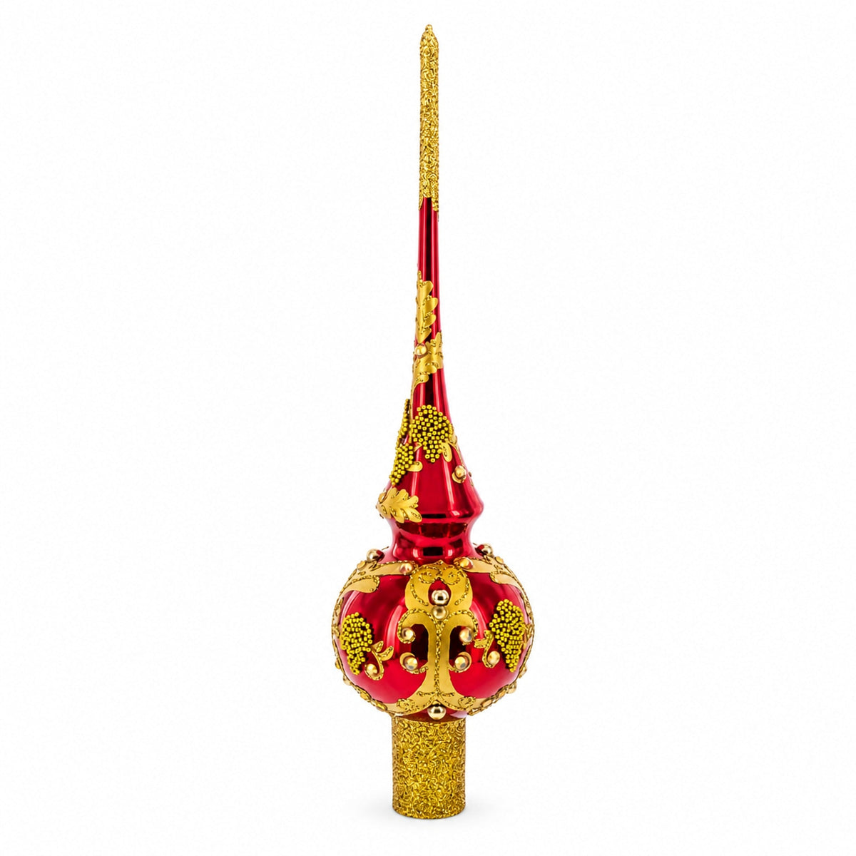 Luxurious Crimson Red with Golden Glitter Glass Christmas Tree Topper
