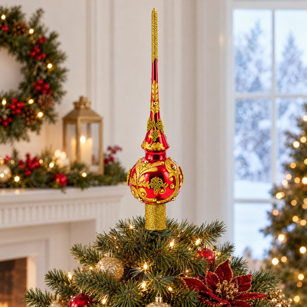 Luxurious Crimson Red with Golden Glitter Glass Christmas Tree Topper
