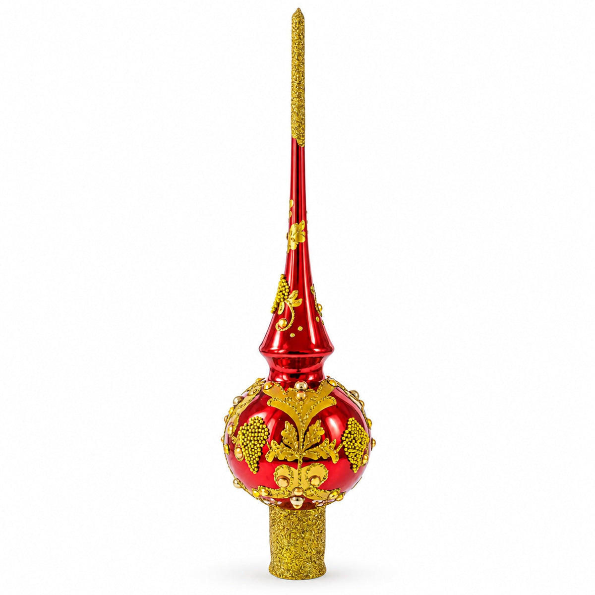Luxurious Crimson Red with Golden Glitter Glass Christmas Tree Topper