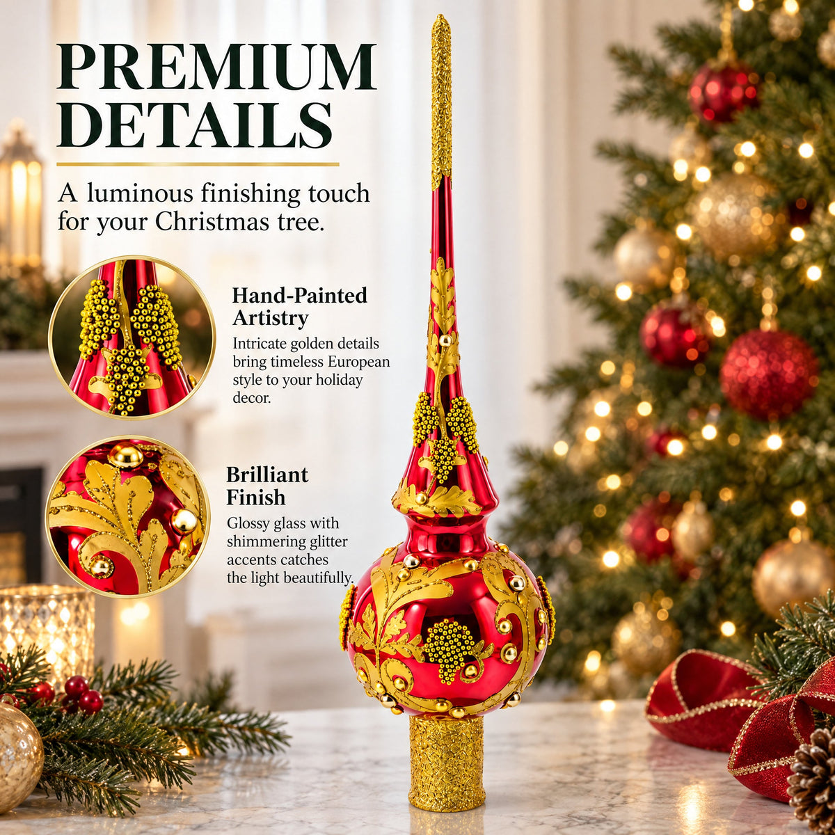 Luxurious Crimson Red with Golden Glitter Glass Christmas Tree Topper