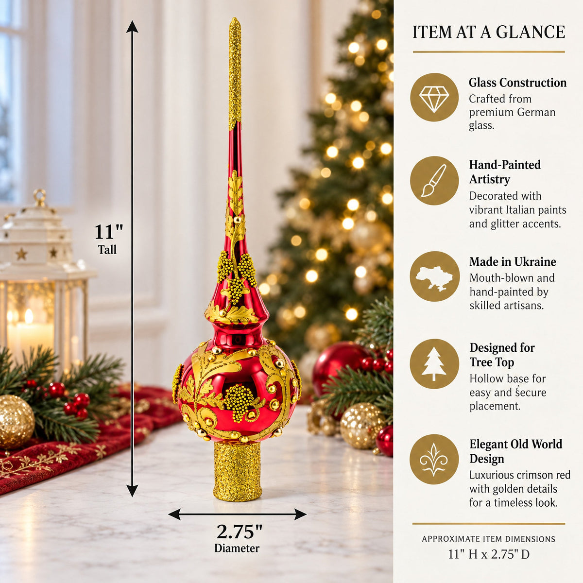 Luxurious Crimson Red with Golden Glitter Glass Christmas Tree Topper
