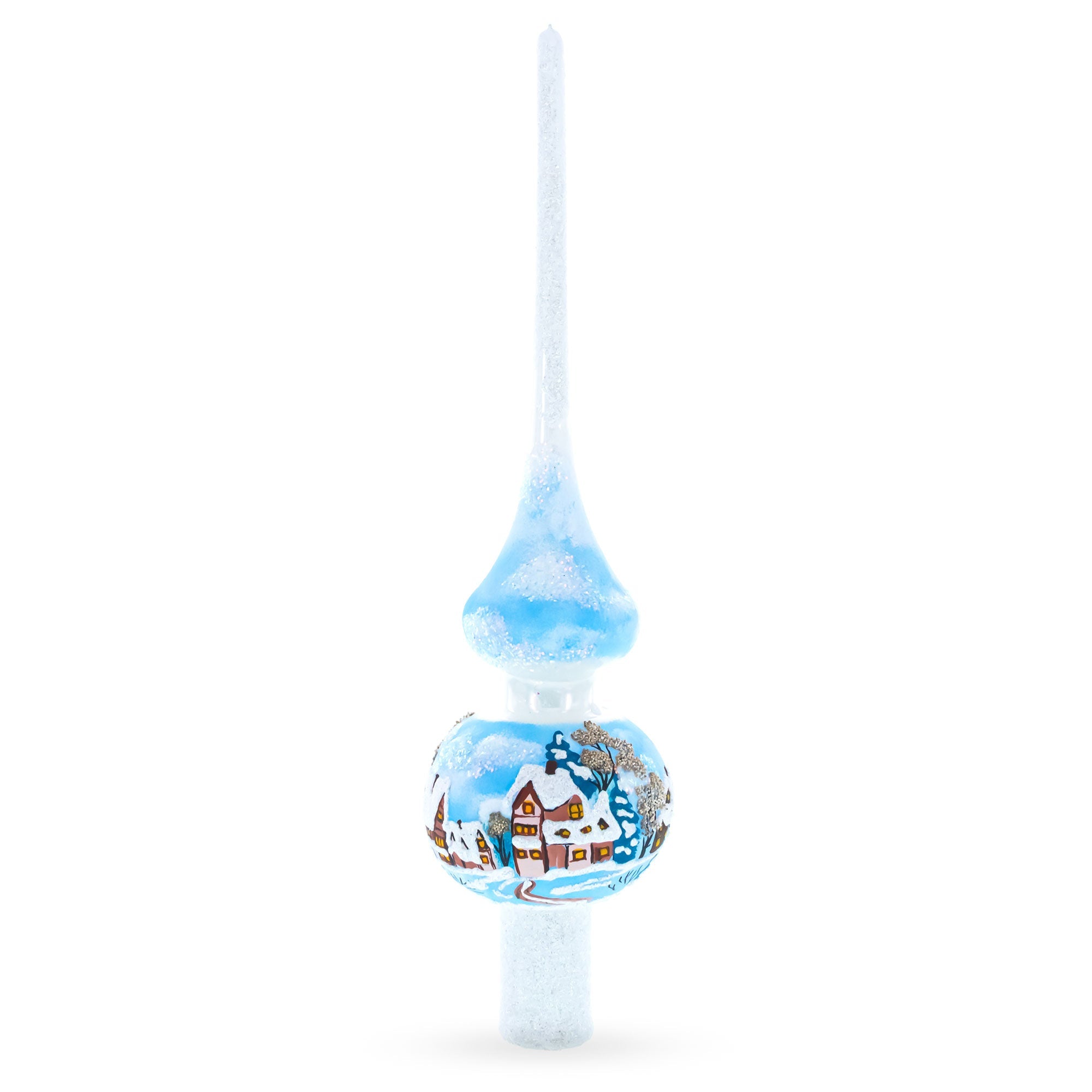 Winter Wonderland Scene with Sparkling Snow Glass Christmas Tree Topper 11 Inches
