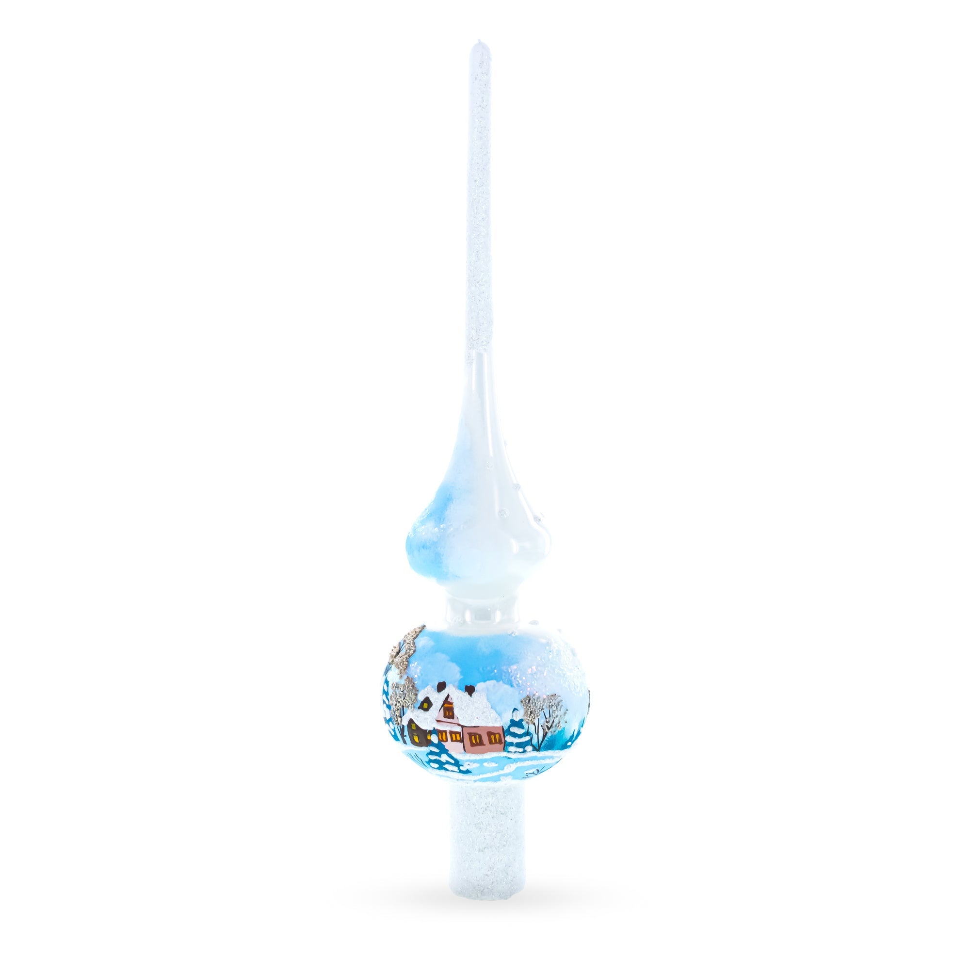 Winter Wonderland Scene with Sparkling Snow Glass Christmas Tree Topper 11 Inches