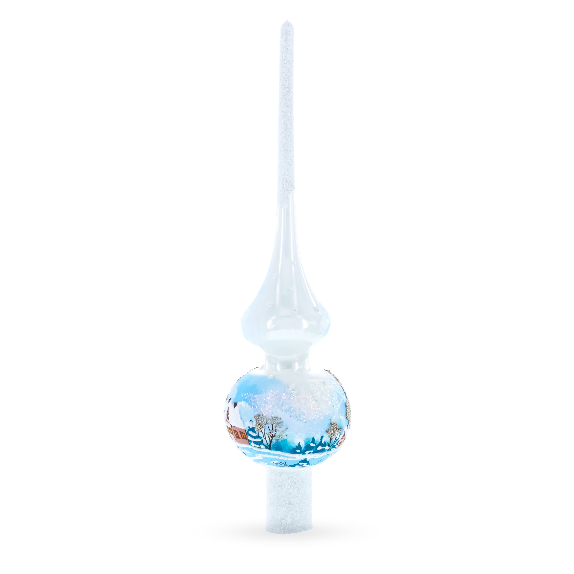 Winter Wonderland Scene with Sparkling Snow Glass Christmas Tree Topper 11 Inches