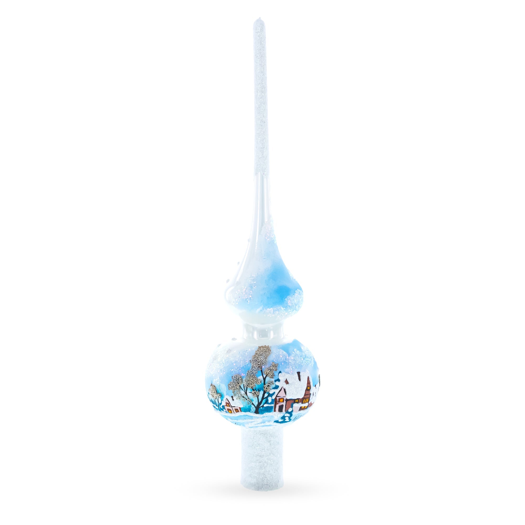 Winter Wonderland Scene with Sparkling Snow Glass Christmas Tree Topper 11 Inches