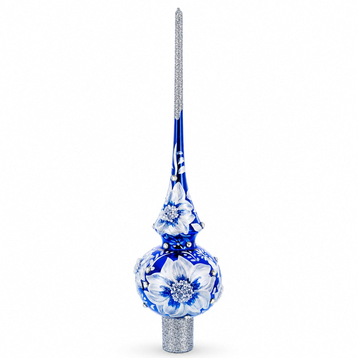 Elegant Cobalt Bloom with Glittering Accents Glass Christmas Tree Topper