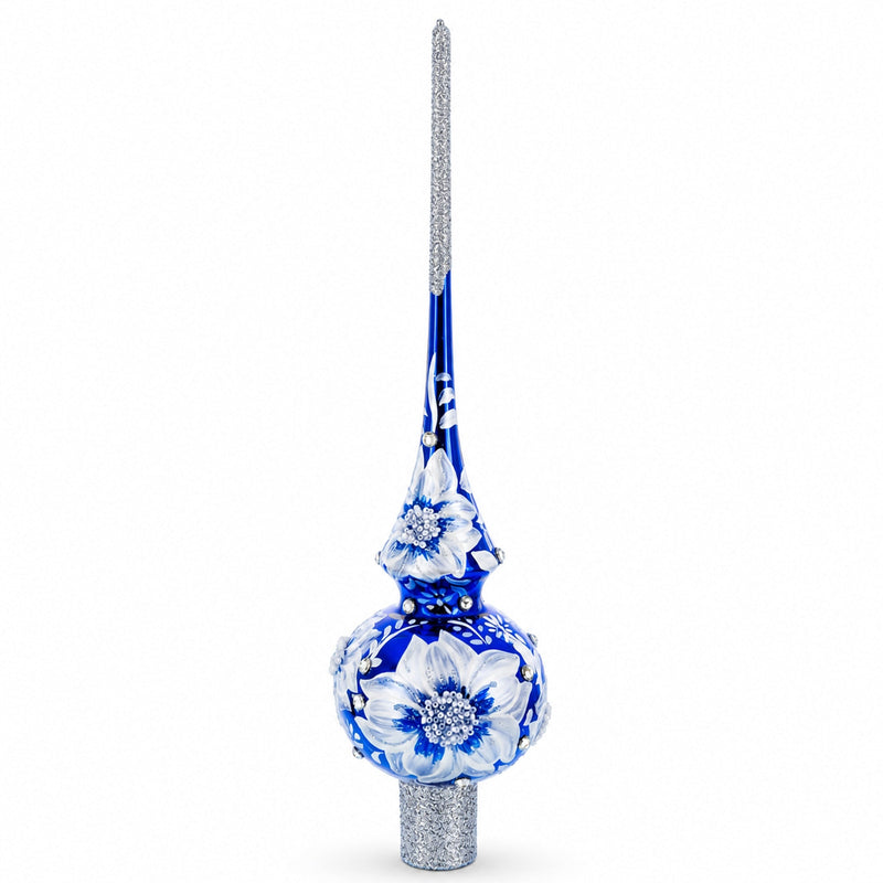 Elegant Cobalt Bloom with Glittering Accents Glass Christmas Tree Topper