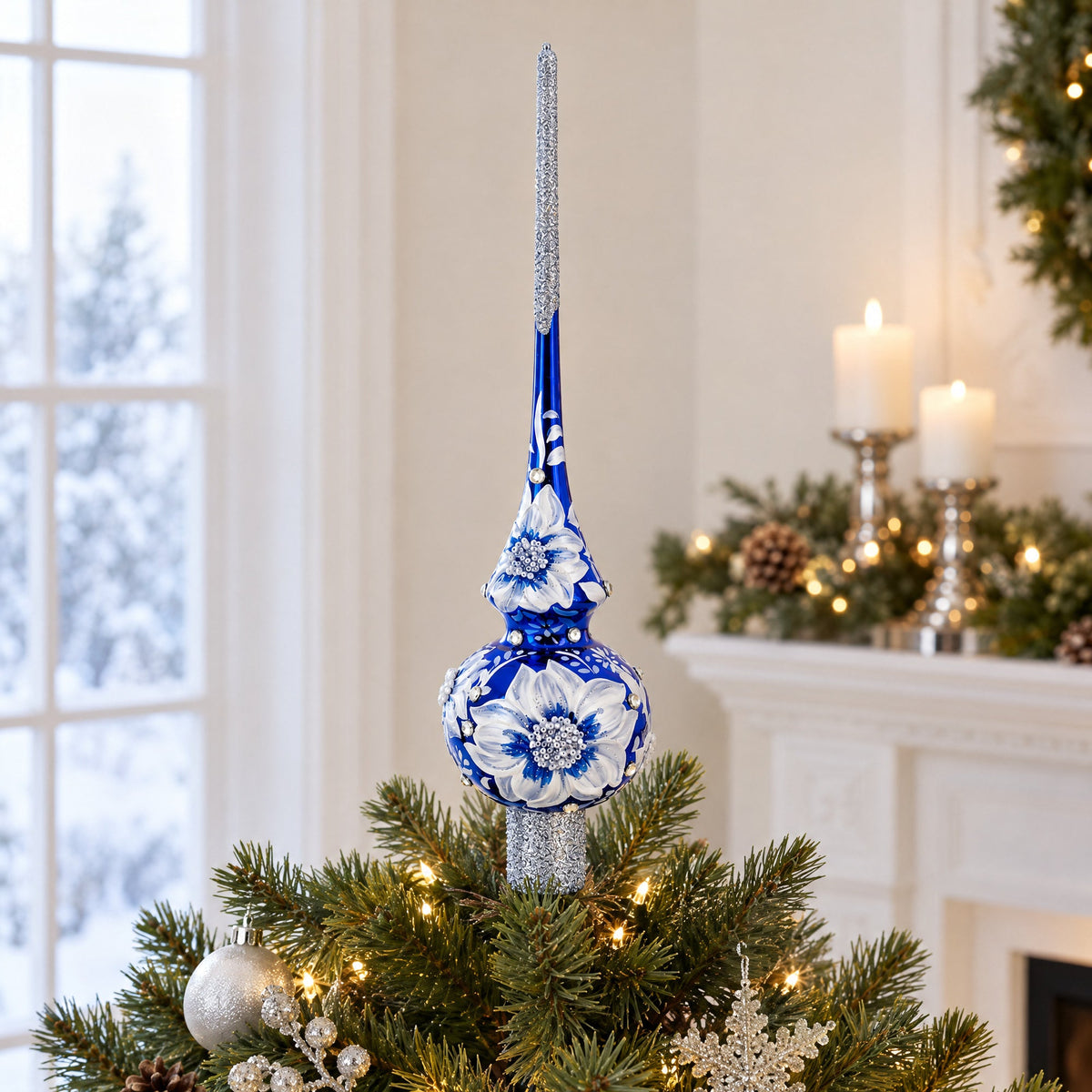 Elegant Cobalt Bloom with Glittering Accents Glass Christmas Tree Topper