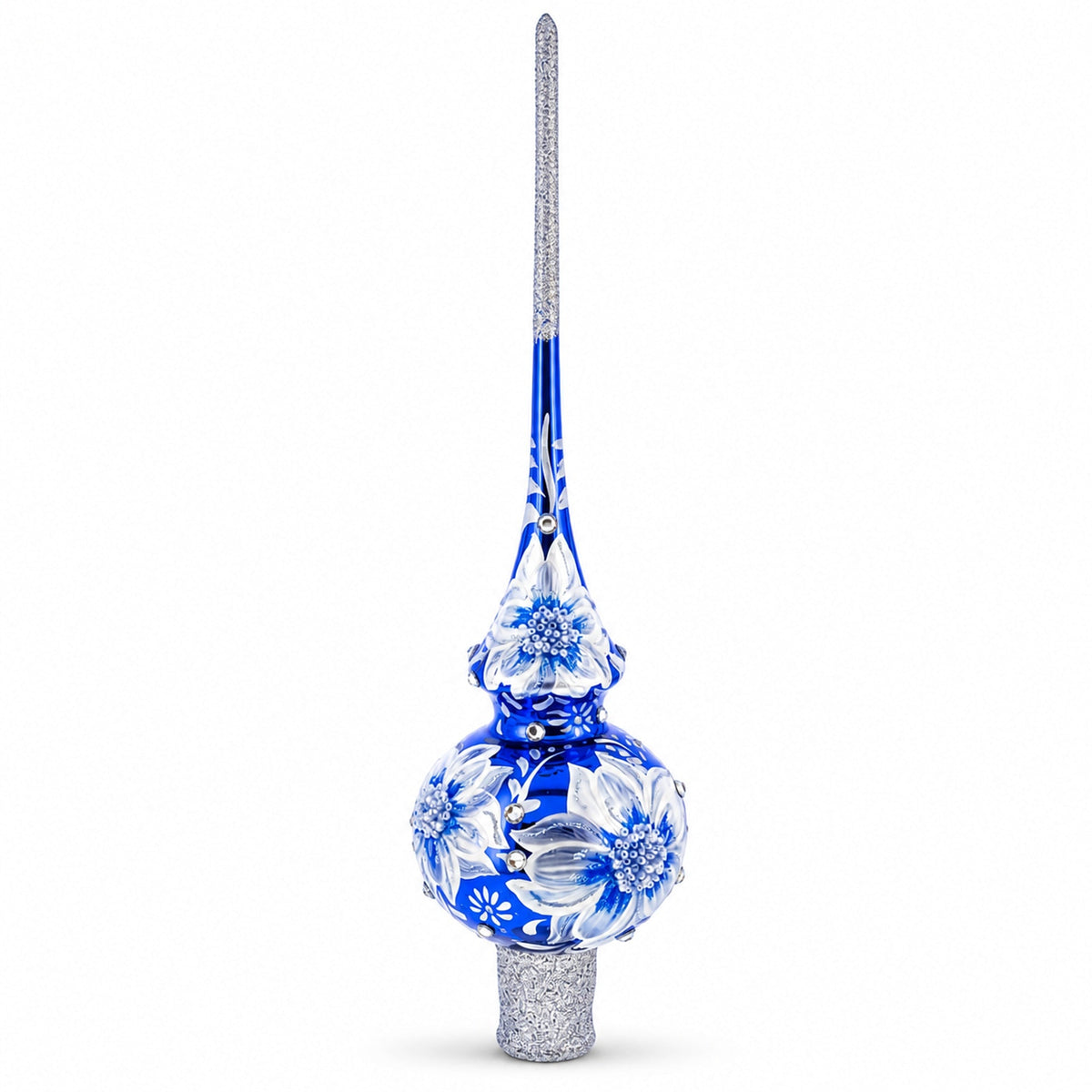Elegant Cobalt Bloom with Glittering Accents Glass Christmas Tree Topper