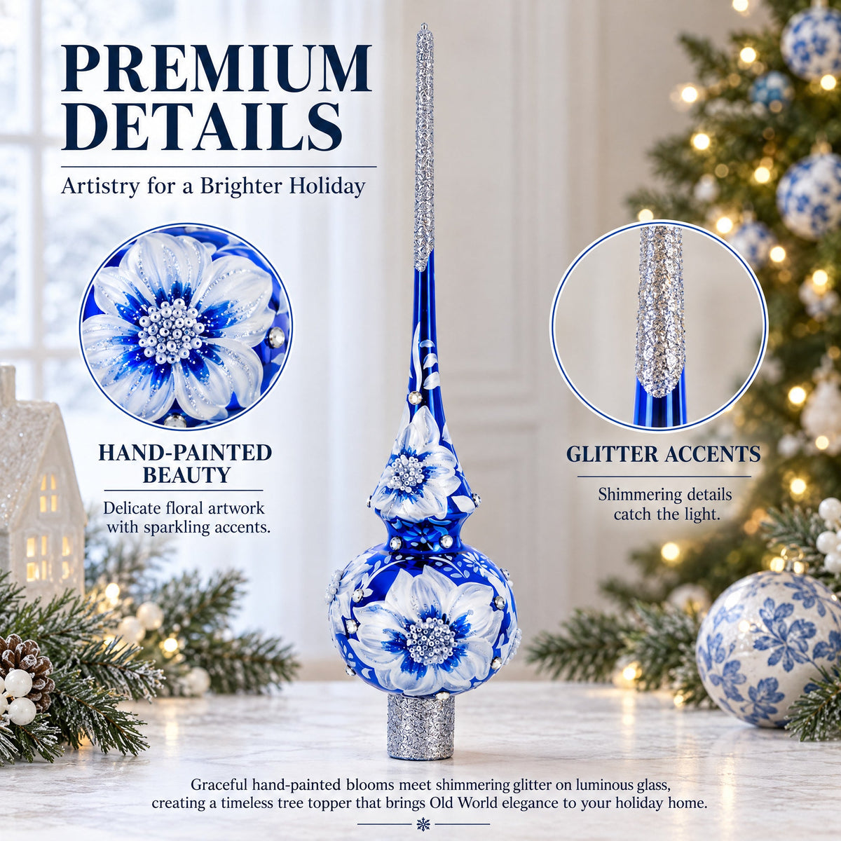 Elegant Cobalt Bloom with Glittering Accents Glass Christmas Tree Topper