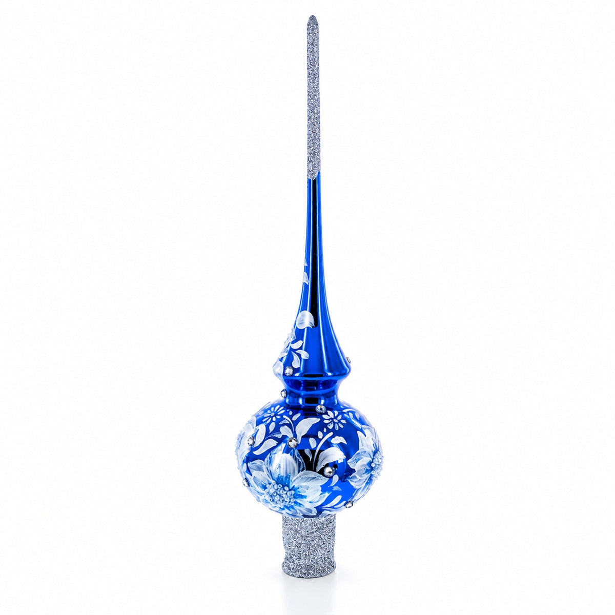 Elegant Cobalt Bloom with Glittering Accents Glass Christmas Tree Topper