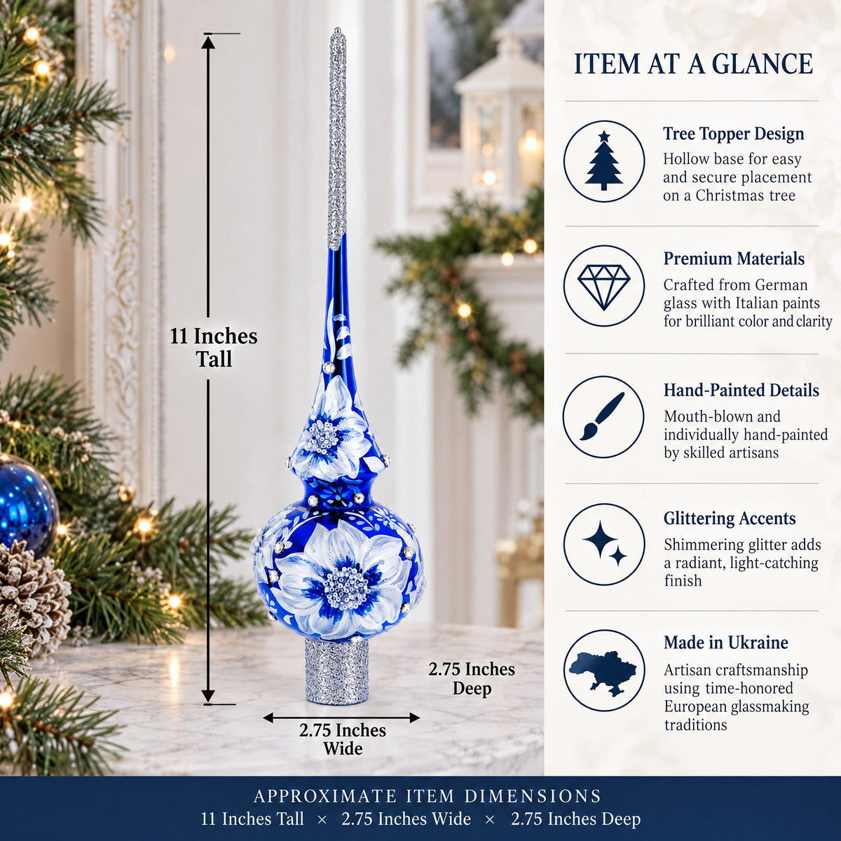 Elegant Cobalt Bloom with Glittering Accents Glass Christmas Tree Topper
