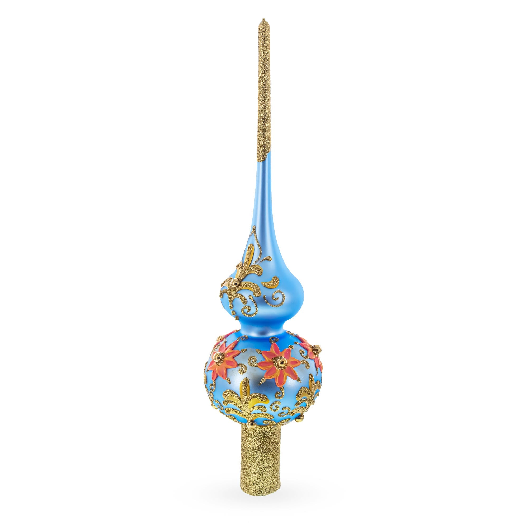 Exquisite Blue and Gold Floral Glass Tree Topper