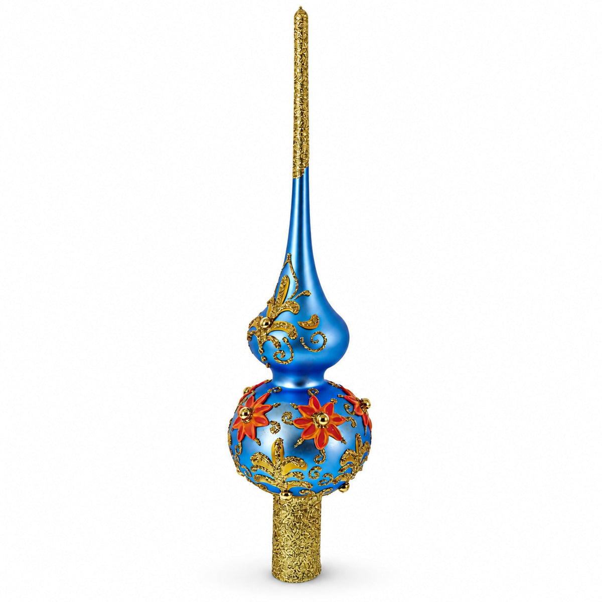 Exquisite Blue and Gold Floral Glass Tree Topper