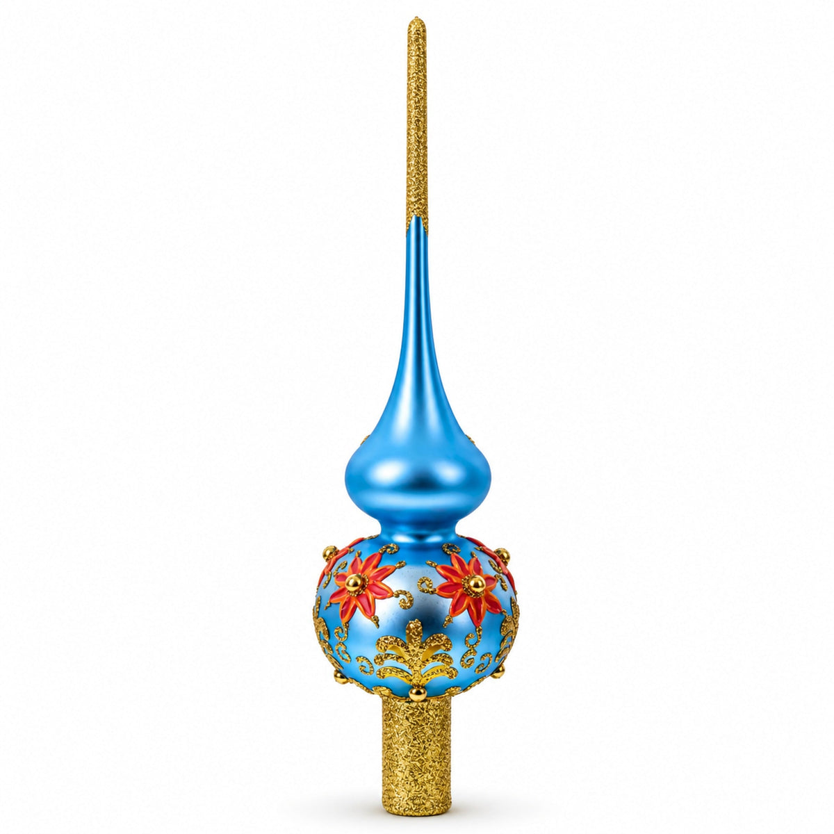 Exquisite Blue and Gold Floral Glass Tree Topper