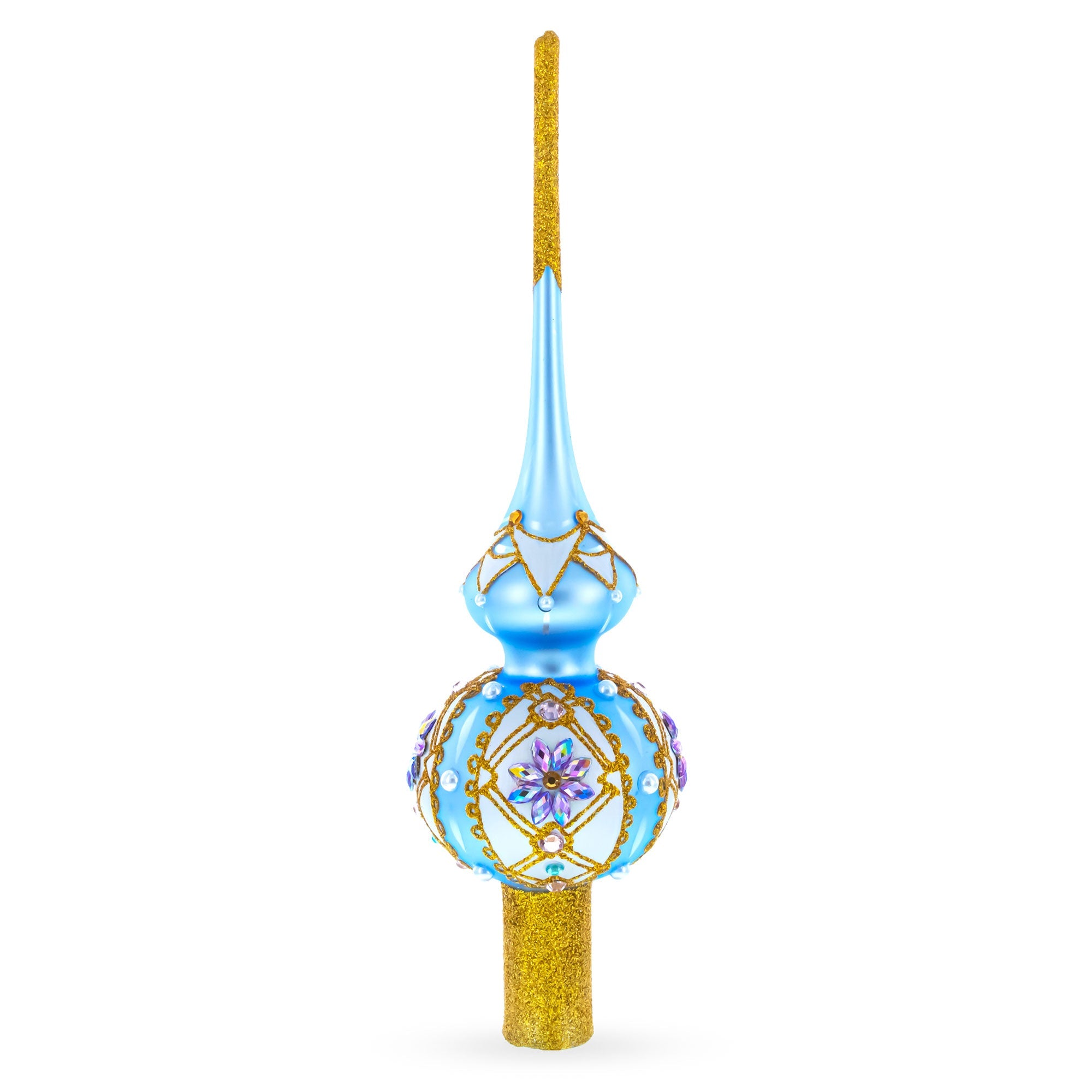 Elegant Blue and Purple Jewel-Encrusted Glass Tree Topper 11 Inches