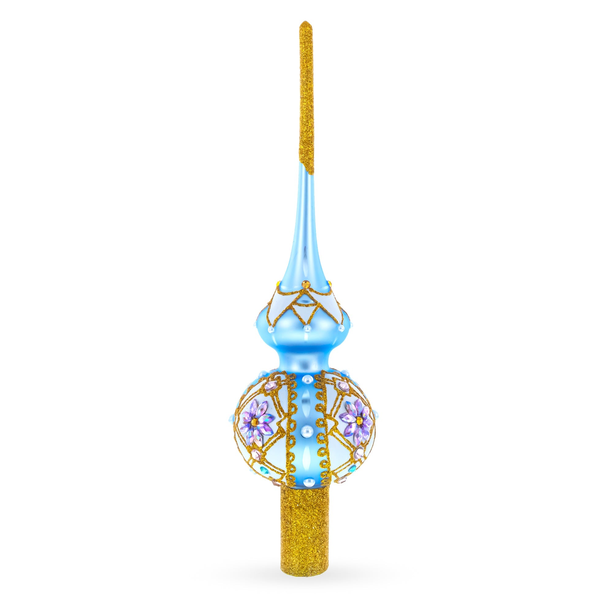 Elegant Blue and Purple Jewel-Encrusted Glass Tree Topper 11 Inches