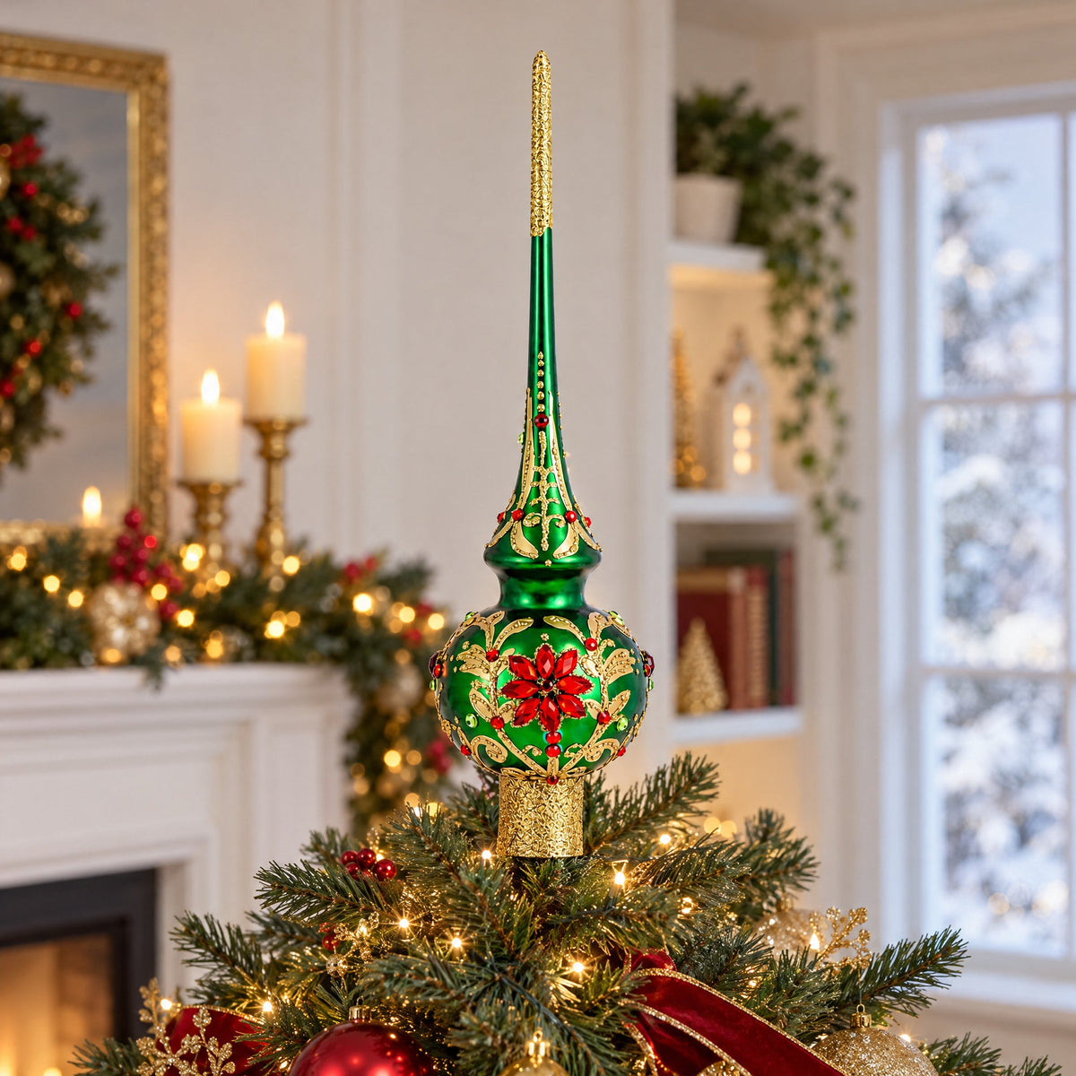 Regal Emerald & Red Glass Christmas Tree Topper 11 Inches