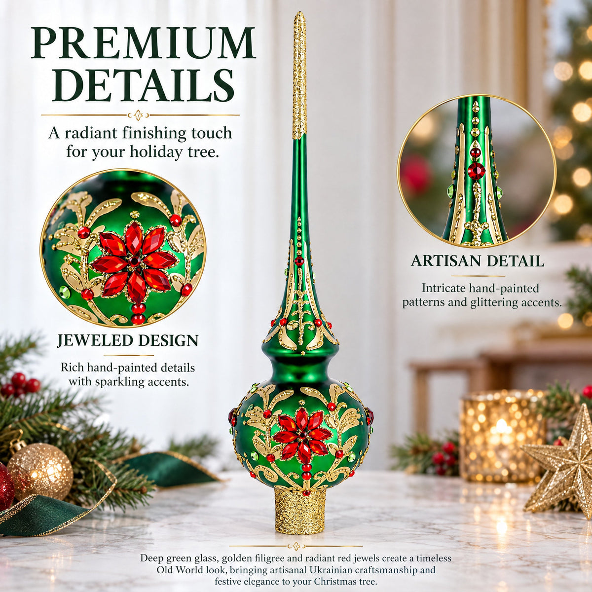 Regal Emerald & Red Glass Christmas Tree Topper 11 Inches
