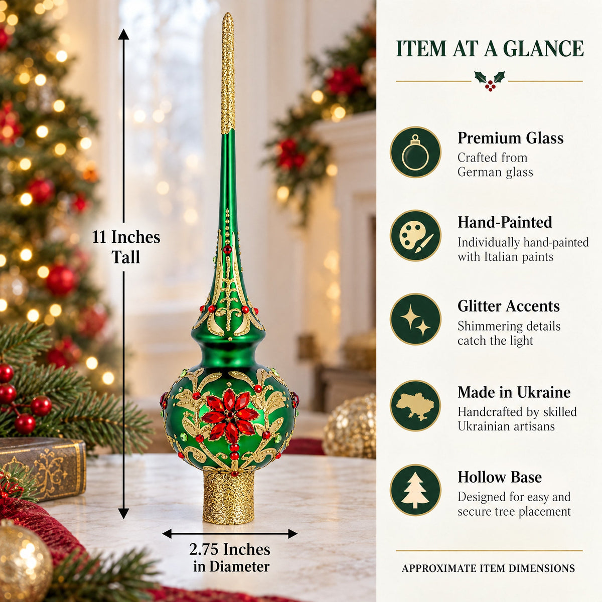 Regal Emerald & Red Glass Christmas Tree Topper 11 Inches