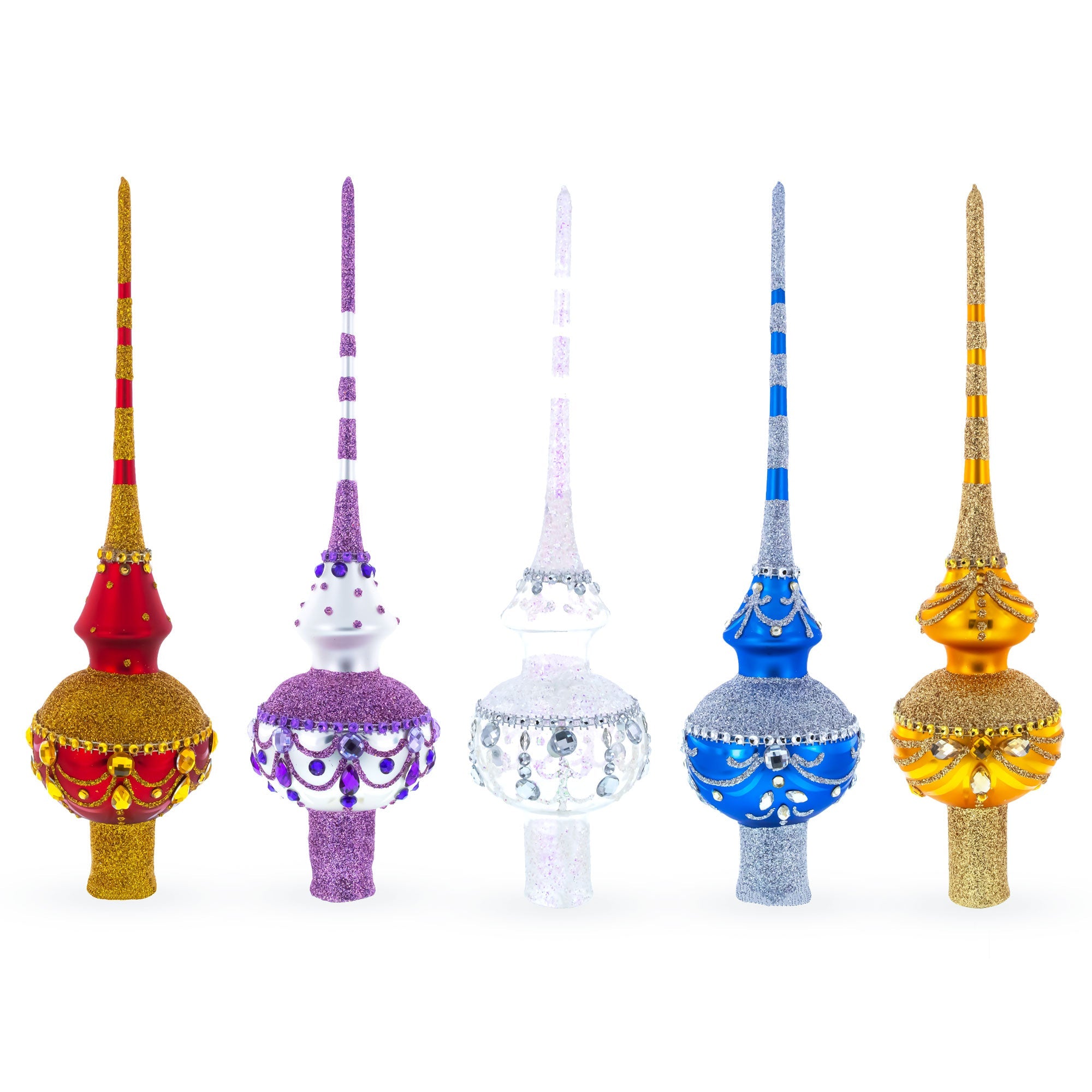Blue Jewels and White Pearls on Glossy Blue Glass Christmas Tree Topper 11 Inches