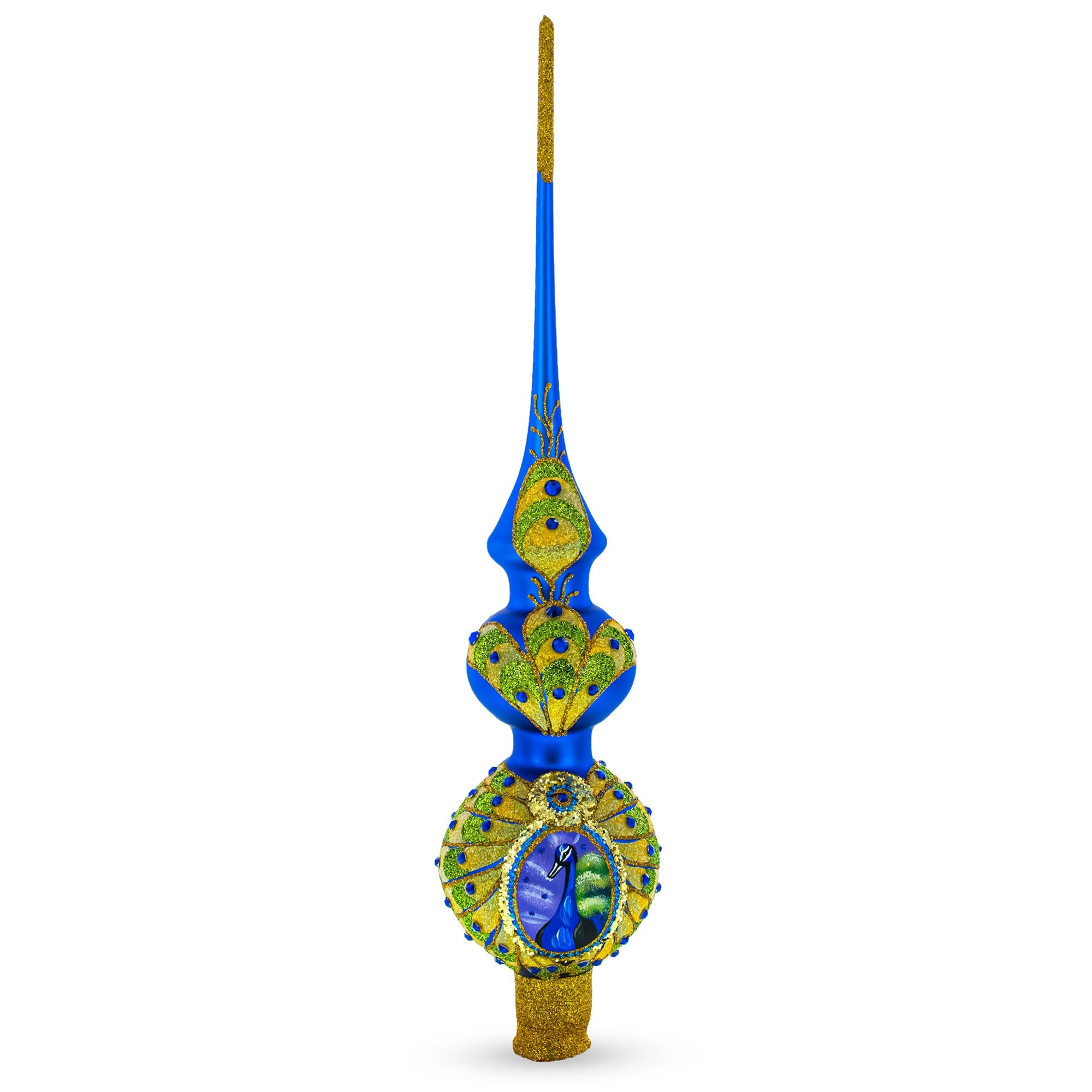Peacock Double Ball Glass Christmas Tree Topper 16 Inches