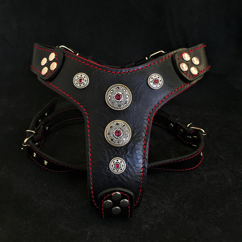 Bestia Dog Gear The Bijou harness Black & Red Small to Medium Size Genuine Leather Black pet supplies