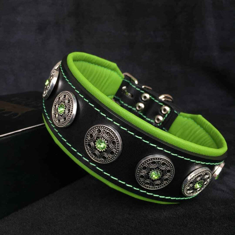 Bestia Bijou Black & Green Leather Dog Collar