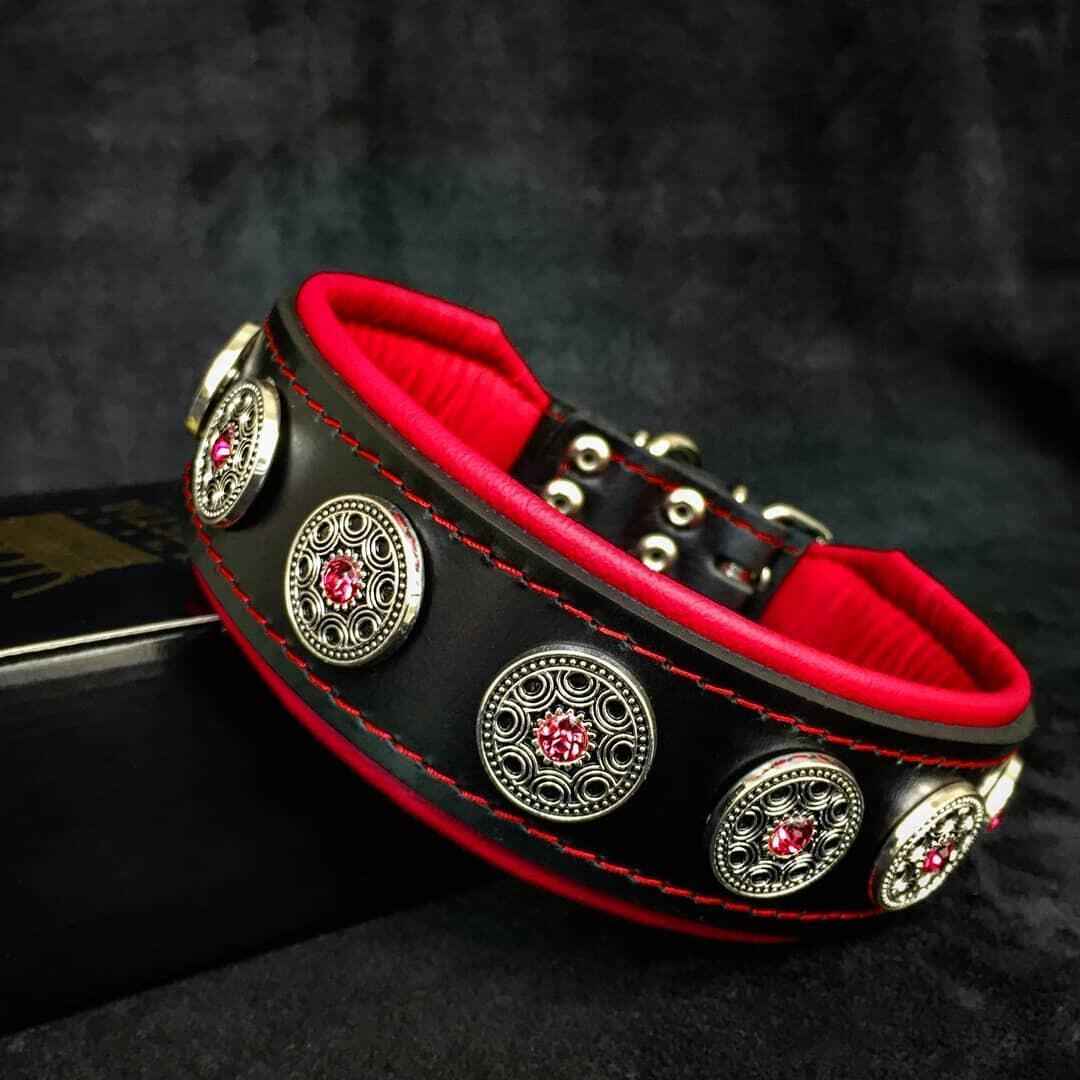 Bestia Bijou Black & Red Leather Dog Collar